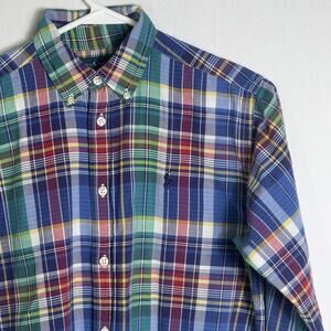 Ralph Lauren Youth L Blue Plaid Button Down Shirt Long Sleeve Madras Cotton Pony